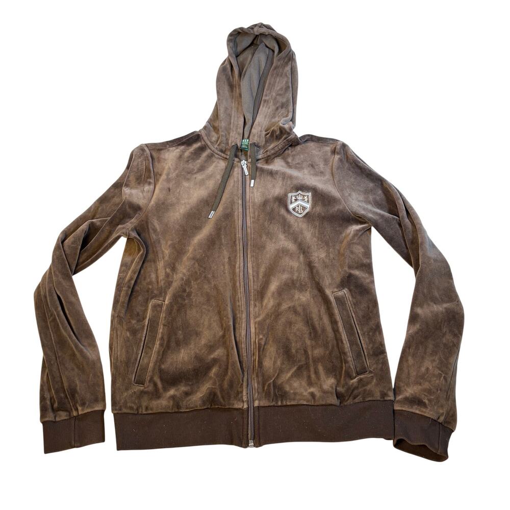 VTG Lauren Active Ralph Lauren women hood brown velour full zip jacket. Size M.